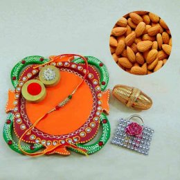 Multi Colored Rakhi Thali with Almonds 200 grm. - USA Delivery Multi Colored Rakhi Thali with Almonds 200 grm. - USA Delivery