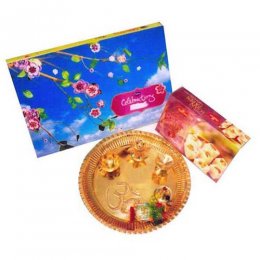 Brass Puja Thali with Soan Papdi & Celebrations Brass Puja Thali with Soan Papdi & Celebrations