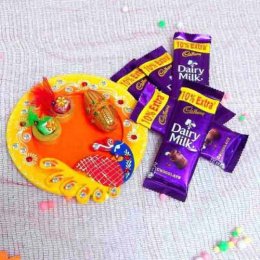 Wooden Peacock Thali With Chocolate Wooden Peacock Thali With Chocolate