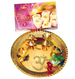 Brass Puja Thali with SoanPapdi 500 gms - INDIA TO UK DELIVERY Brass Puja Thali with SoanPapdi 500 gms - INDIA TO UK DELIVERY
