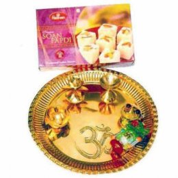 Diwali Brass Puja Thali With 250gms Soanpapdi Diwali Brass Puja Thali With 250gms Soanpapdi