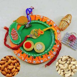 Peacock Wooden Puja Thali with Almond & Cashews - USA Delivery Peacock Wooden Puja Thali with Almond & Cashews - USA Delivery