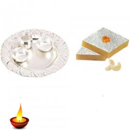 German Silver Thali With Kaju Katli - 11026 German Silver Thali With Kaju Katli - 11026