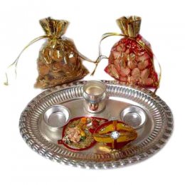 German Silver Pooja Thali with Dry Fruits German Silver Pooja Thali with Dry Fruits