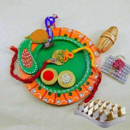 Peacock Wooden Puja Thali with Kaju Barfi 200 grm - USA Delivery Peacock Wooden Puja Thali with Kaju Barfi 200 grm - USA Delivery