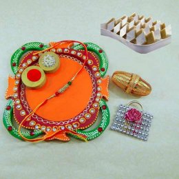Multi Colored Rakhi Thali with Kaju Barfi 200grm. - USA Delivery Multi Colored Rakhi Thali with Kaju Barfi 200grm. - USA Delivery