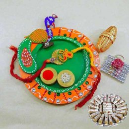 Peacock Wooden Puja Thali with Kaju Rolls 200 grm - USA Delivery Peacock Wooden Puja Thali with Kaju Rolls 200 grm - USA Delivery